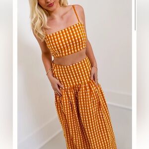 Gingham Two-Piece Crop Top & Maxi Skirt Set in Mustard